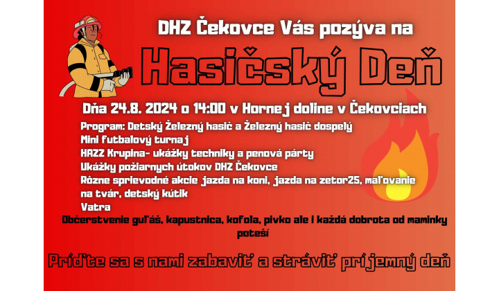 Hasičský deň dňa 24. 08. 2024 o 14:00 v Hornej doline v Čekovciach