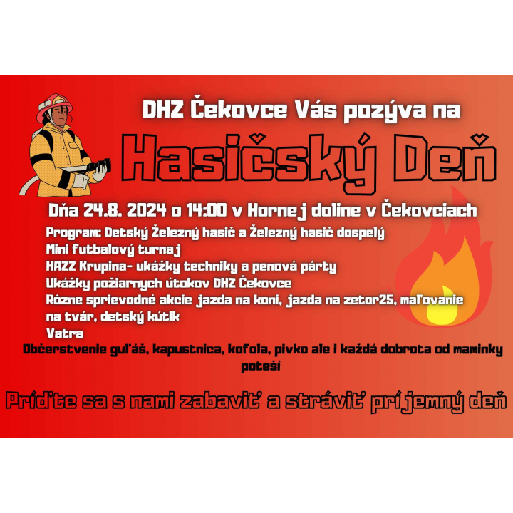 Hasičský deň dňa 24. 08. 2024 o 14:00 v Hornej doline v Čekovciach