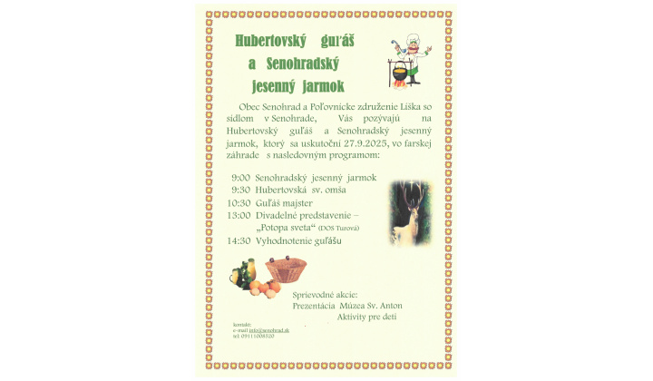 Hubertovský guľáš a Senohradský jesenný jarmok, ktorý sa uskutoční 27.9.2025 v Senohrade