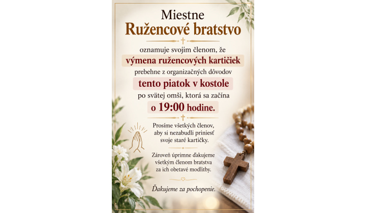Miestne Ružencové bratstvo oznamuje svojim členom