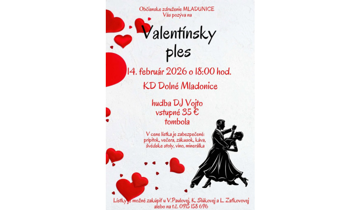 Občianske združenie MLADUNICE pozýva na Valentínsky ples dňa 14. 02. 2026 o 18:00 hod.