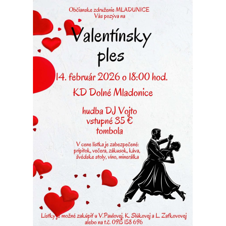 Občianske združenie MLADUNICE pozýva na Valentínsky ples dňa 14. 02. 2026 o 18:00 hod.