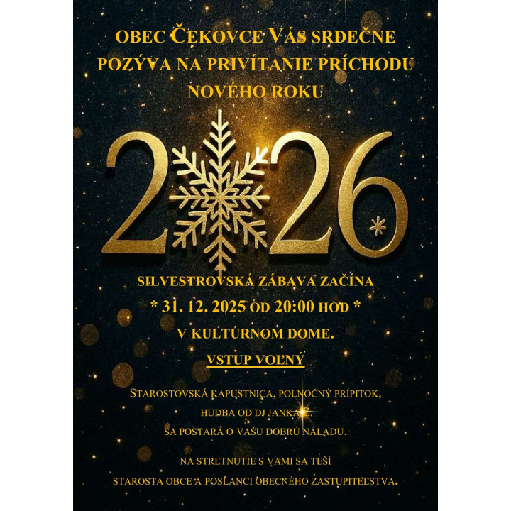 Obec Čekovce Vás srdečne pozýva na privítanie príchodu nového roku 2026