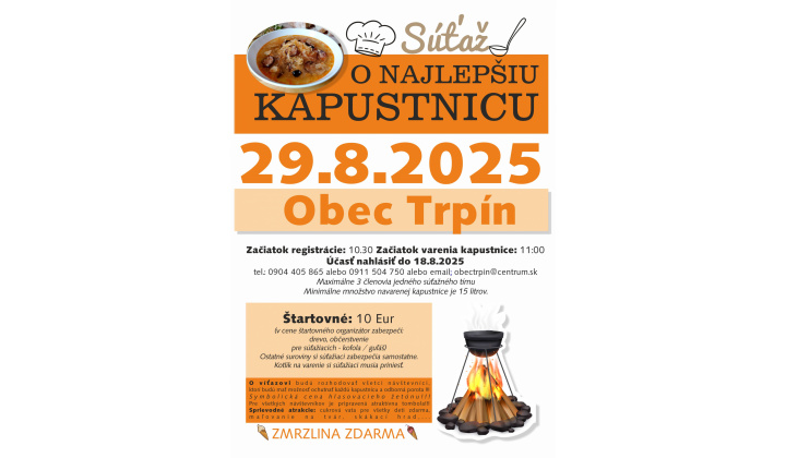 Obec Trpín Vás srdečne pozýva na Súťaž o najlepšiu kapustnicu dňa 29. 08. 2025 v obci Trpín