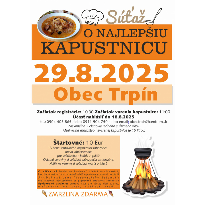 Obec Trpín Vás srdečne pozýva na Súťaž o najlepšiu kapustnicu dňa 29. 08. 2025 v obci Trpín