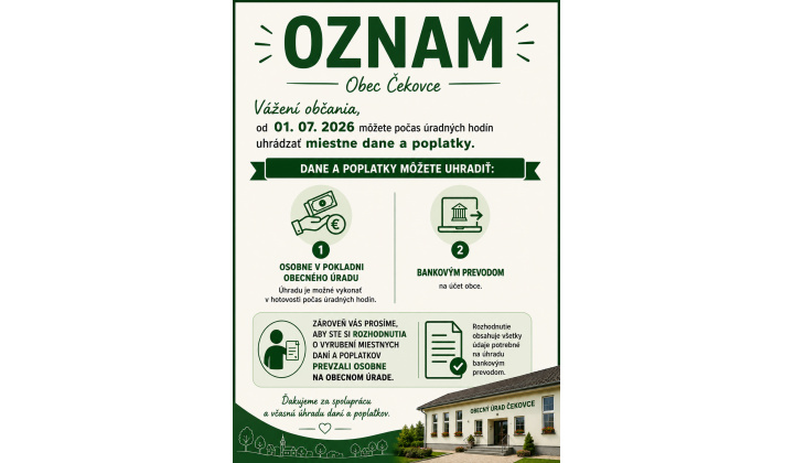 Oznam platenie miestnych daní a poplatkov od 01. 07. 2026