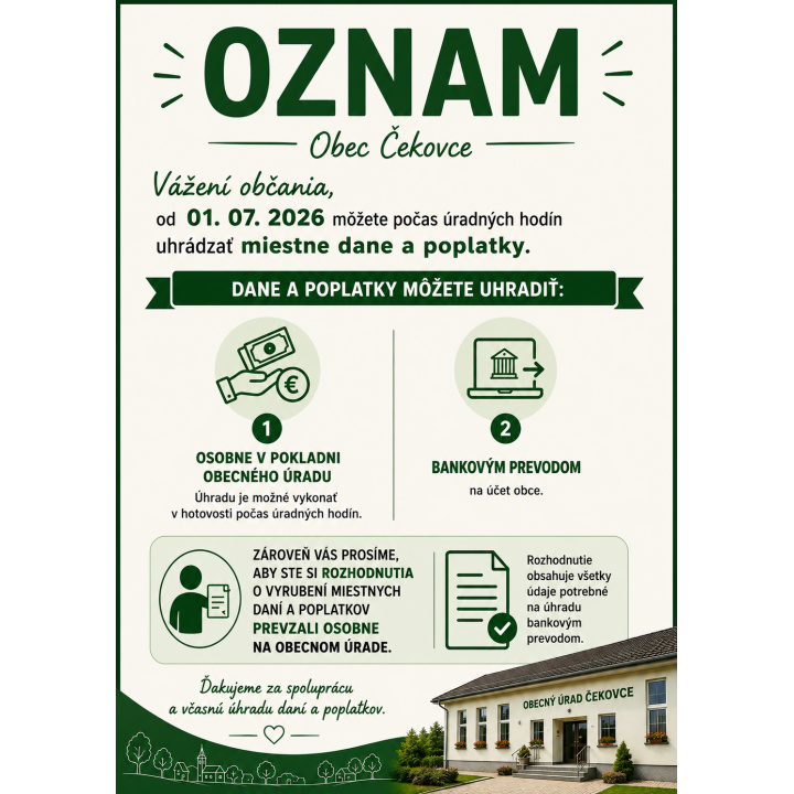 Oznam platenie miestnych daní a poplatkov od 01. 07. 2026