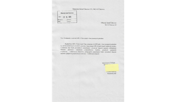 Oznámenie o uzavretí MŠ v Čekovciach v čase jesenných prázdnin