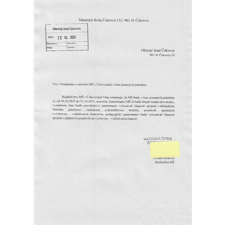 Oznámenie o uzavretí MŠ v Čekovciach v čase jesenných prázdnin