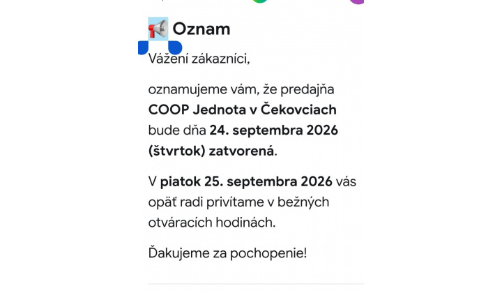Potraviny Coop Jednota Čekovce budú dňa 24. 09. 2026 zatvorené. 
