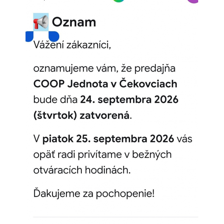 Potraviny Coop Jednota Čekovce budú dňa 24. 09. 2026 zatvorené. 