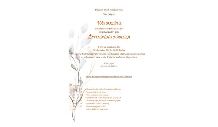 Pozvánka na stretnutie jubilantov dňa 06. decembra 2025