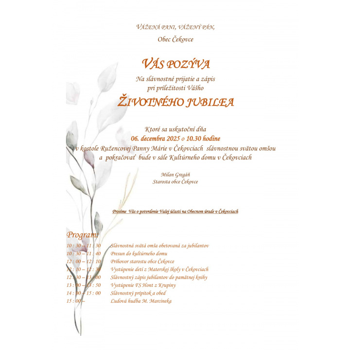 Pozvánka na stretnutie jubilantov dňa 06. decembra 2025