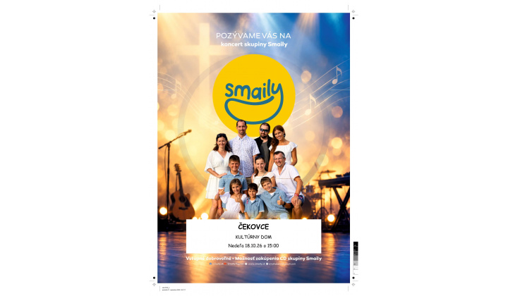 Pozývame Vás na koncert skupiny Smaily do kultúrneho domu v  Čekovciach, dňa 18. 10. 2026 t. j. nedeľa o 15:00 hod.