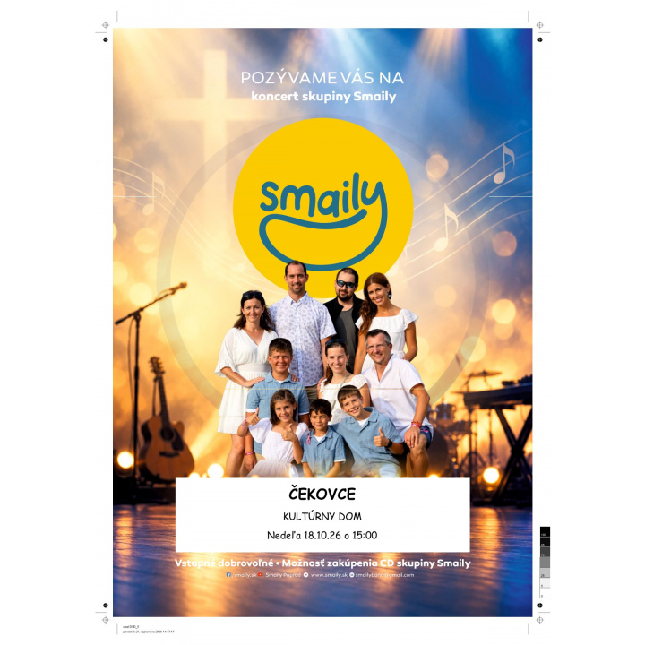 Pozývame Vás na koncert skupiny Smaily do kultúrneho domu v  Čekovciach, dňa 18. 10. 2026 t. j. nedeľa o 15:00 hod.