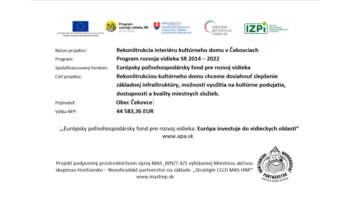 Rekonštrukcia interiéru kultúrneho domu v Čekovciach