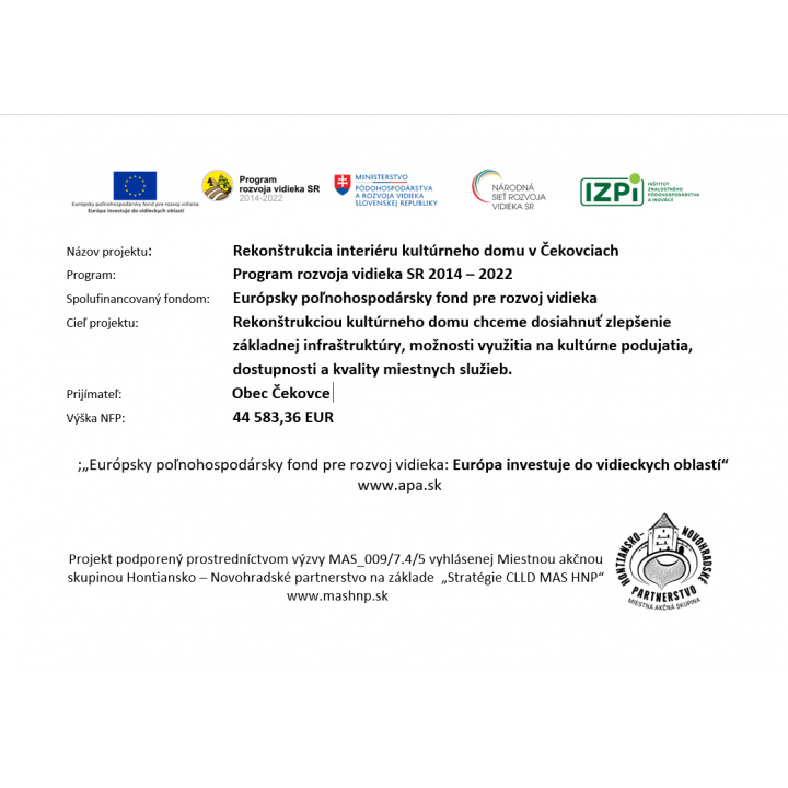 Rekonštrukcia interiéru kultúrneho domu v Čekovciach