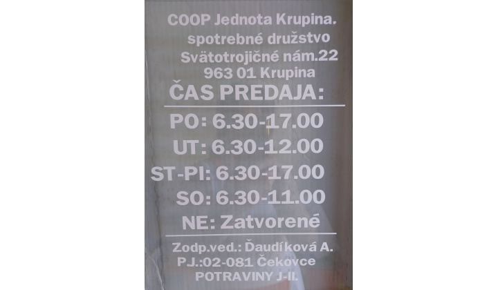 Upravené otváracie hodiny predajne Coop Jednota v obci Čekovce.