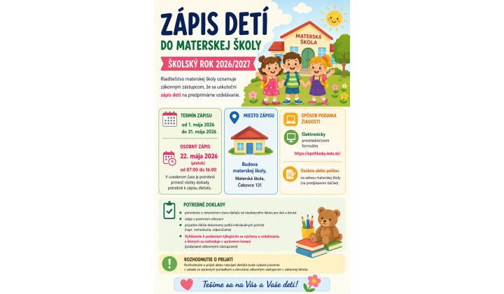 Zápis detí do Materskej školy v Čekovciach na školský rok 202/2027