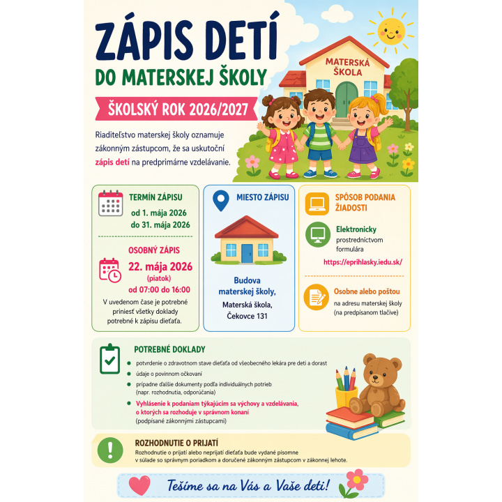 Zápis detí do Materskej školy v Čekovciach na školský rok 2026/2027