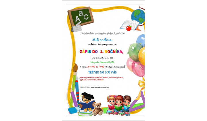 Zápis do 1. ročníka Základnej školy s materskou školou v Bzovíku