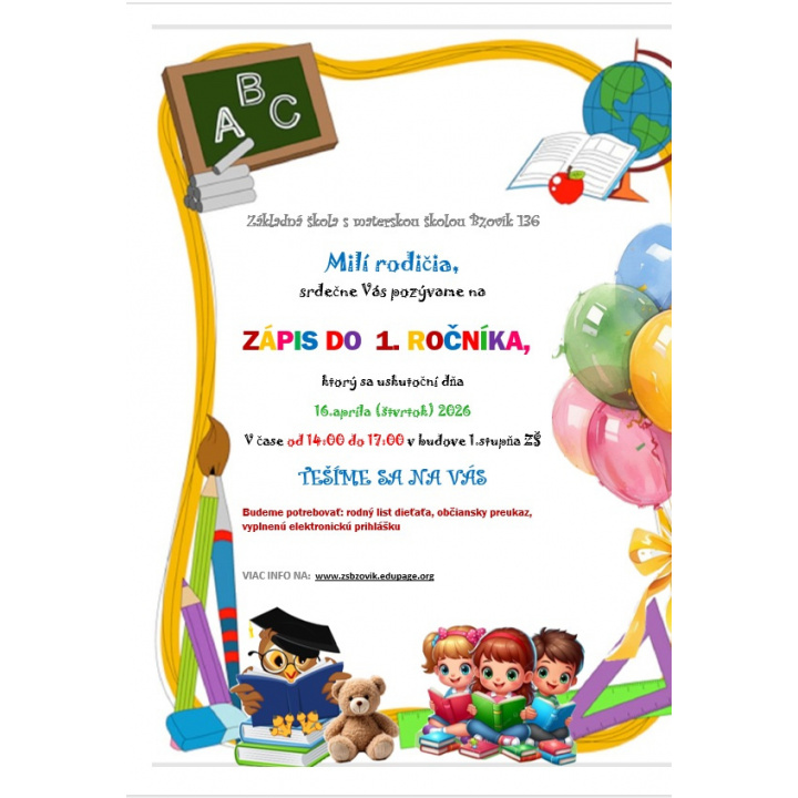 Zápis do 1. ročníka Základnej školy s materskou školou v Bzovíku